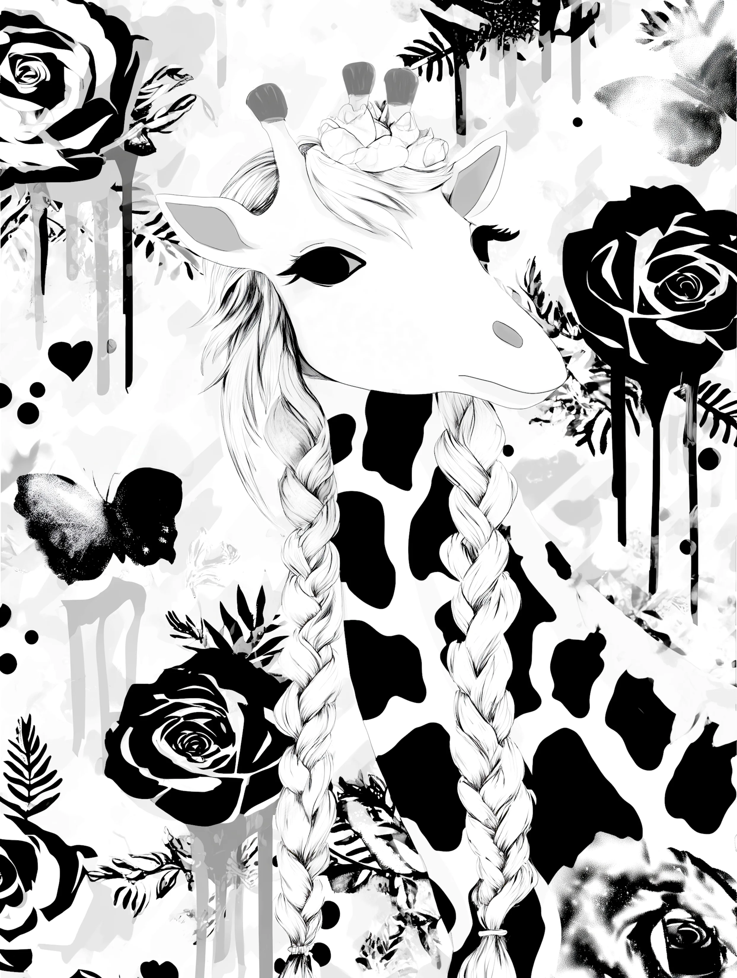 Free printable giraffe coloring page featuring giraffe with long braids